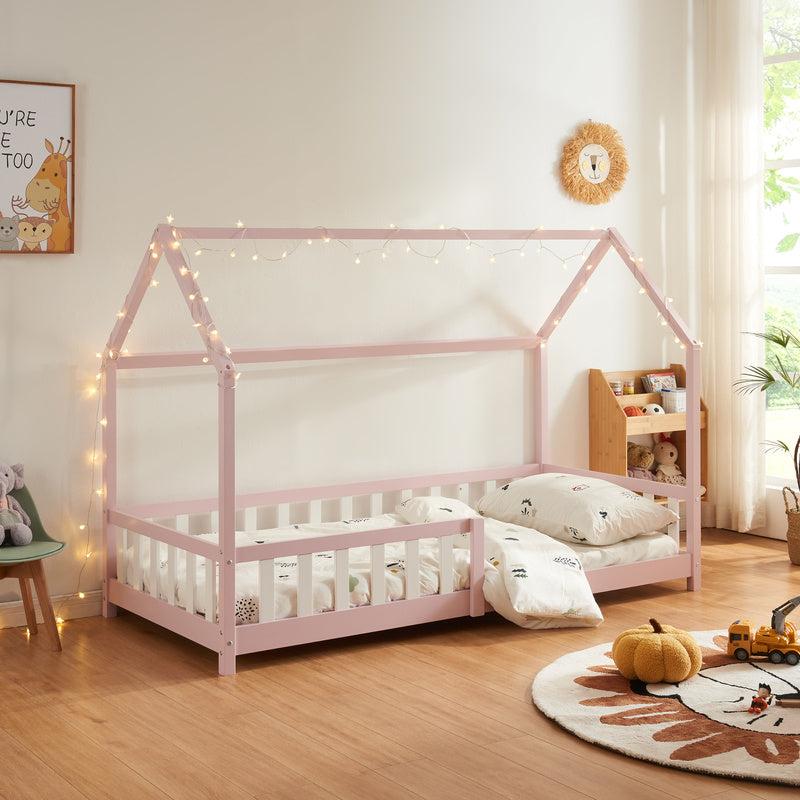 Kinderbett 90x200 cm, Modell "Dennenhou" - Mädchenbett im Hausdesign mit Schutzgitter