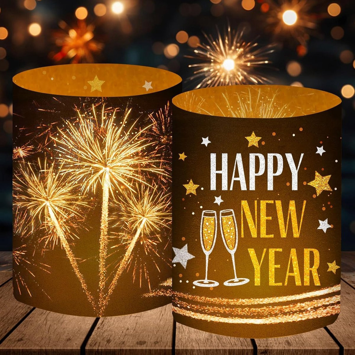 Happy New Year windlicht voor de oudejaarsavond, decoratie voor theelichtjes of kaarsen