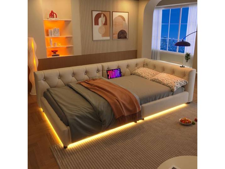 Lit gigogne - SOGEU - Gigogne - 90x200 - Tissu lin naturel - LED multicolore & USB
