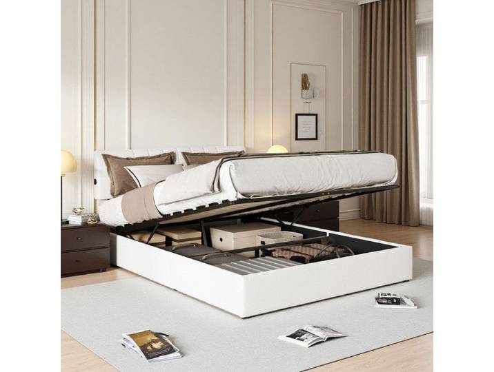 Lit coffre 140x200 en peluche teddy blanc avec ports USB Lit à gaz hydraulique double design moderne avec rangement