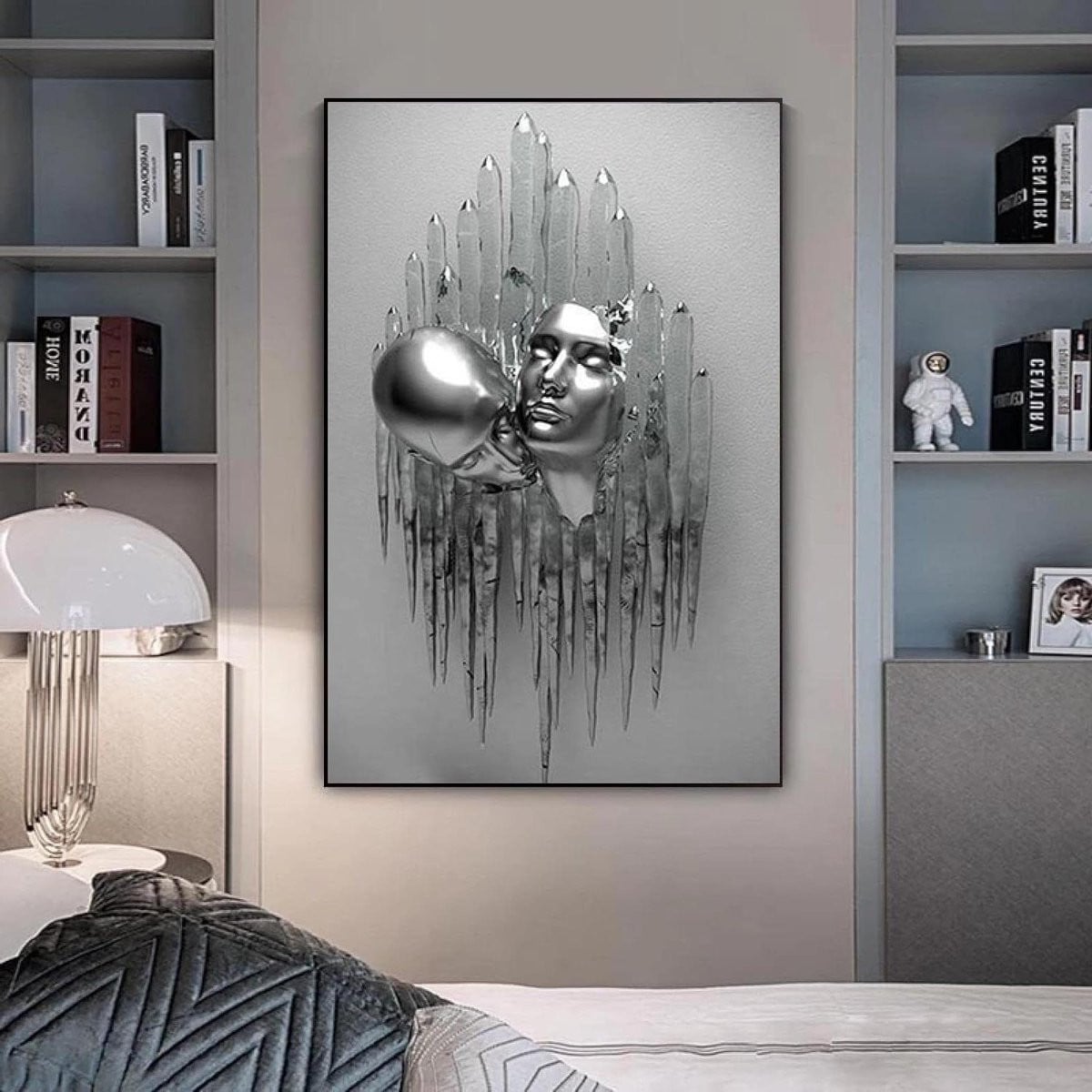 Abstracte Figuur Schildering Wanddecoratie Poster - HD Canvas Print - Zilver - 60 x 90 cm