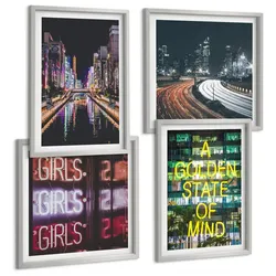 BILDER SET 4er Set - 50x50 cm & 40x60 cm Silberner Rahmen - Neonreklamen in der Stadt bei Nacht