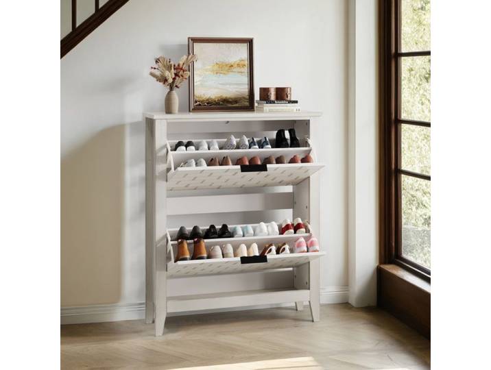 Meuble à chaussures d'entrée 80x24x97 4cm style rétro autoportant avec deux tiroirs abattants blanc
