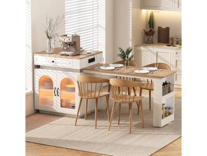 Crlnaup Kücheninsel mit Rollen, Ausziehbarer Esstisch mit LED-Beleuchtung, Bartisch mit Steckdosenleisten, dient als Kücheninsel, Anrichte, Sideboard oder Bartisch für Küche und Esszimmer (Weiß)