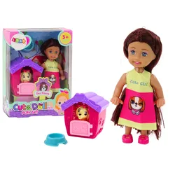 Mini-Puppe, langes Haar, buntes Kleid, Hund, Buda