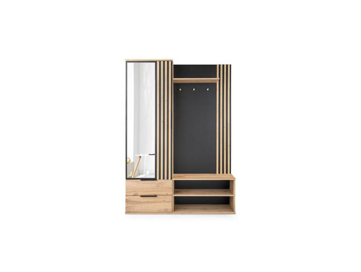 Deine Möbel 24 Garderobe Leoni 140/200 in Eiche Wotan / Schwarz, Schwarz, Eiche Wotan, 140x200x40 cm, Garderobe, Garderoben-Sets & Garderoben-Serien, Garderoben-Sets