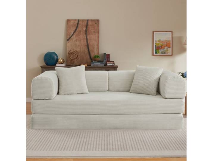 Modenuit Canapé convertible 3 places tissu côtelé beige 2 coussins structure acier