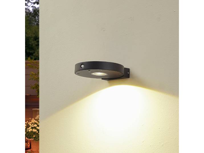 Applique murale solaire LED Tavon, ronde, noire, capteur - Lucande - Balcon - Moderne - Aluminium