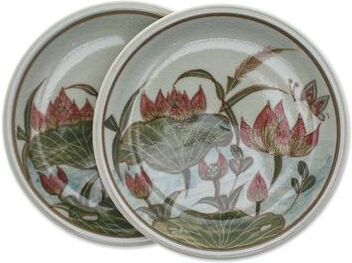 Novice Novica Handmade Lotus Flower Delight Celadon Ceramic Dessert Plates (Pair)