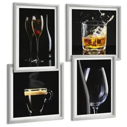 BILDER SET 4er Set - 50x50 cm & 40x60 cm Silberner Rahmen - Whisky, Wein, Champagner, Kaffee, Alkohol