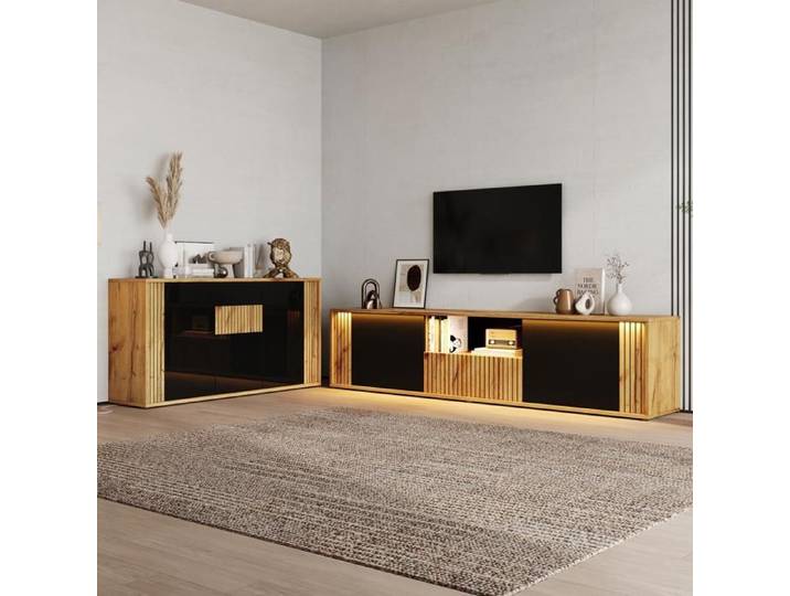 Ensemble de Meubles LED pour Salon Meuble TV 180x40x51cm Buffet 140x35x71cm Ensemble Meuble TV et Buffet 2 Pièces Salon Noir