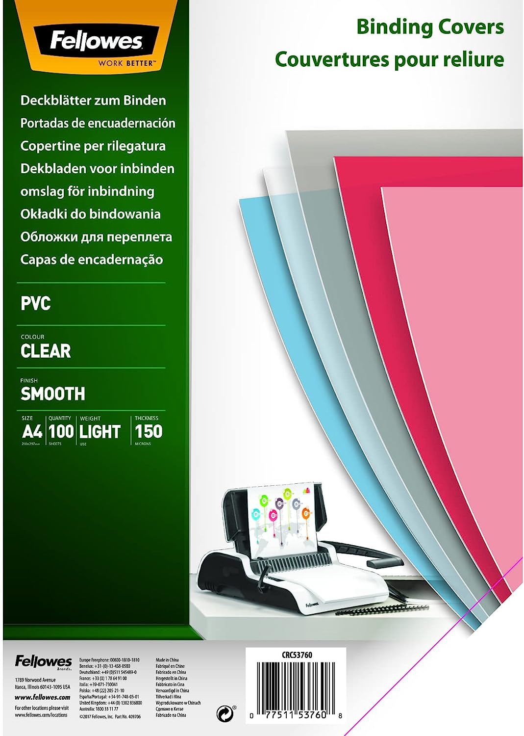 Fellowes PVC Deckblatt für Bindungen A4 transparent 100 Stück 5376001