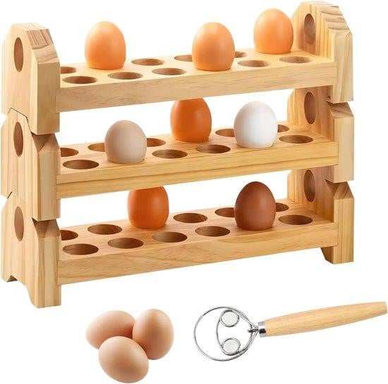Famanu eierhouder 3-laags stapelbaar van hout voor 36 eieren
