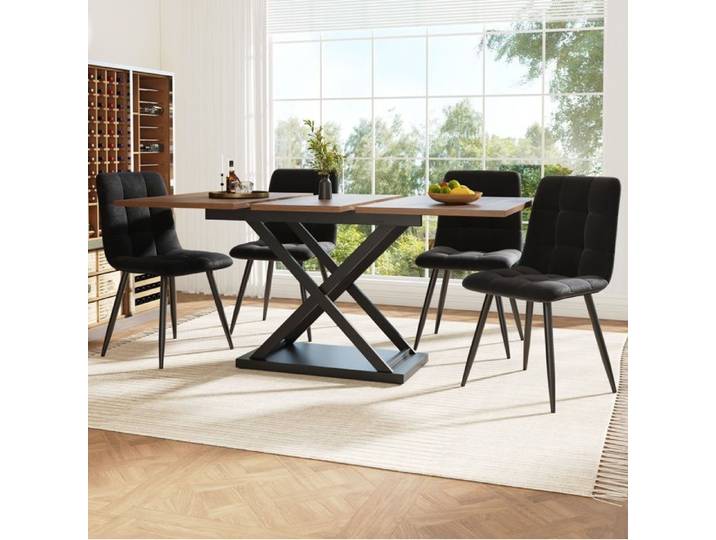 Ensemble table extensible 5 pièces AESVAR 4 personnes MDF métal velours noyer et noir