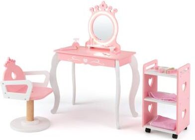 Costway Kids Hair Salon Play Set with LED Lighted Mirror Wooden Pretend Hair Salon Station with Swivel Barber Chair-Pink