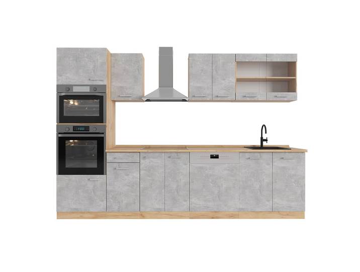 Cuisine avec armoire haute pt chêne béton/force dor chêne 300x81,6cm