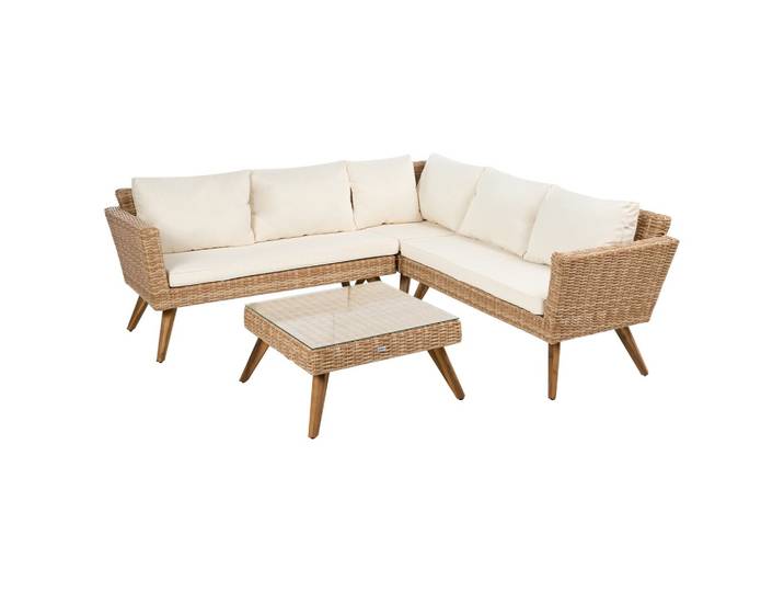 GARTEN-ECKSOFA mit Tisch 6-Sitzer Polyrattan Cremeweiß Vittoria