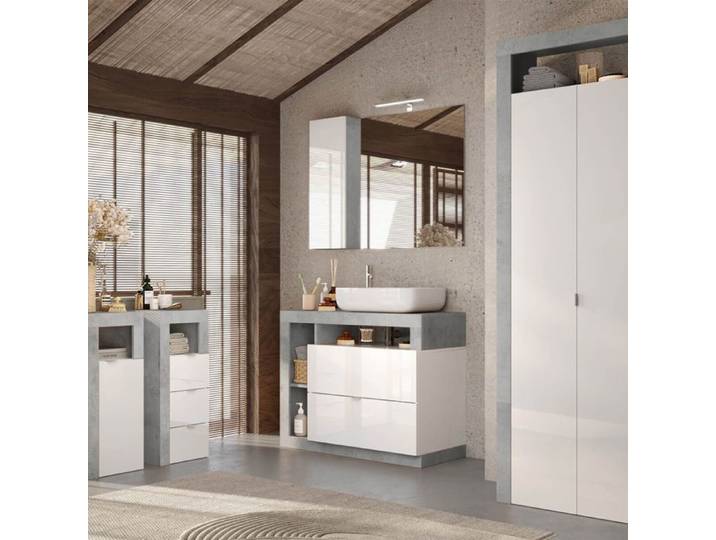 Ensemble meuble vasque 92cm + rangements + armoire blanc et aspect béton - ARTURO