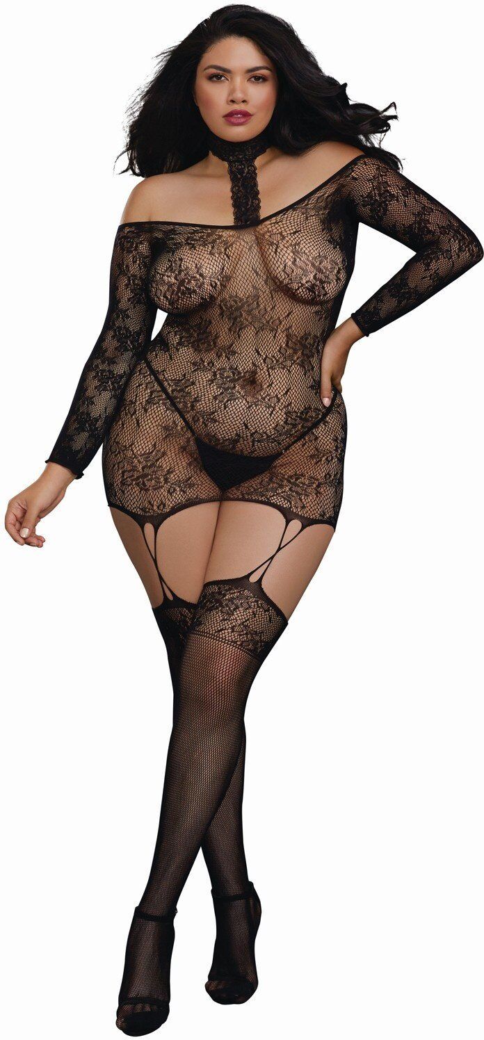 Dreamgirl Bodystocking résille guêpière grande taille réversible avec tour de cou