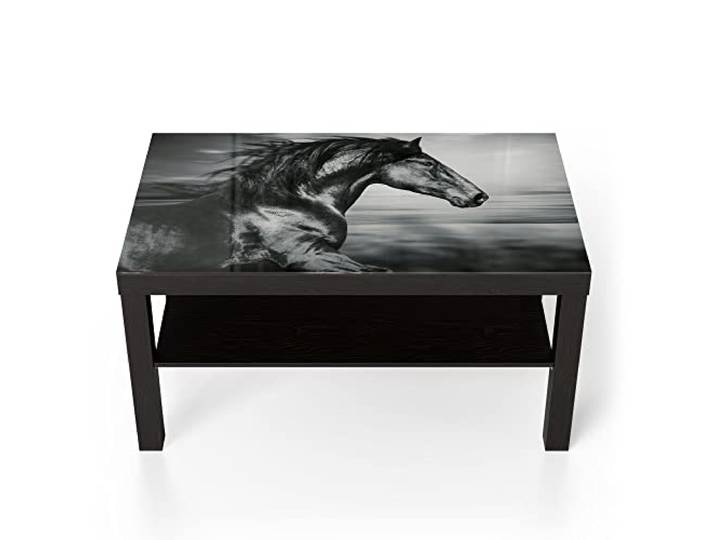 DEQORI Glastisch schwarz groß 90x50 cm Motiv Galoppierendes Pferd ausgefallener Beistelltisch aus Glas Hochglanz Couchtisch fürs Wohnzimmer moderner Couch Tisch mit Design
