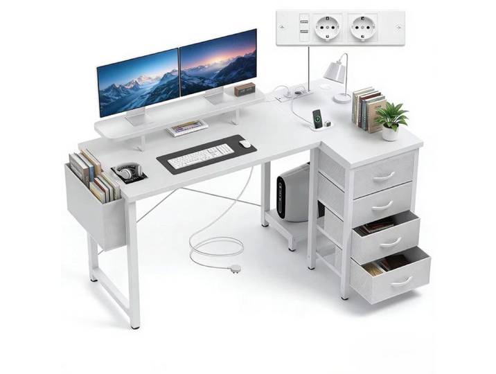 Bureau en forme de L avec étagère pour écran pour bureau 140x80 cm bureau en forme de L avec prise et tiroirs en tissu Blanc