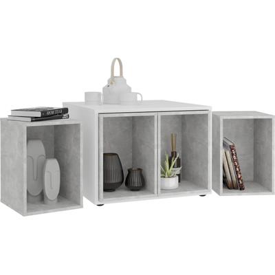 Couchtisch FMD "Joker 1", weiß (weiß, beton la, weiß, weiß), B:71,5cm H:50cm T:67,5cm, Tische, Couchtisch, Couchtisch mit zwei variabel stellbaren Beistelltischen