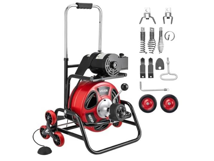 VEVOR Furet Déboucheur Canalisation Électrique 30 m x 12\,7 mm Furet Électrique Alimentation Auto Machine Débouchage sur Roues pour Tuyaux 50-150 mm\, Tambour Réglable\, 8 Coupeurs\, Interrupteur au Pied