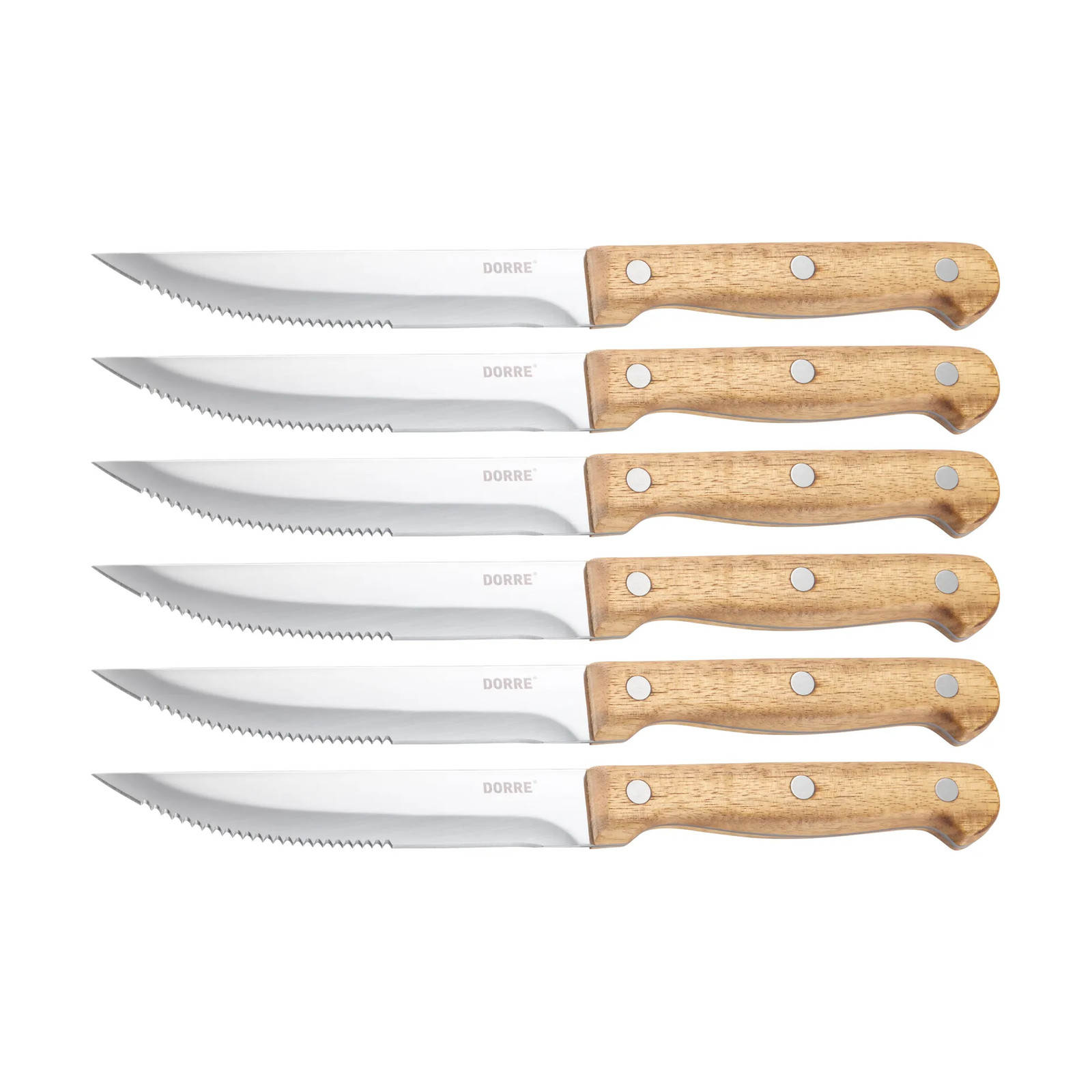 Dorre BBQ vleesmes van roestvrij staal in een houten acacia doos, 6-pack, 22,5 x 2 cm