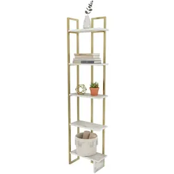 Dmora Bücherregal Dbradari, Büroregal, Mobiler Buchhalter, Bücherbrett, 45x22h180 cm, Weiß und Gold