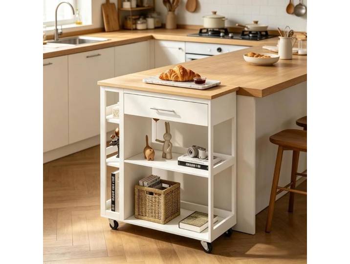Chariot de cuisine sur roulettes - ZEVKOR - Praktischer Trolley - 1 tiroir - Étagères ouvertes - Plan de travail blanc décor bois