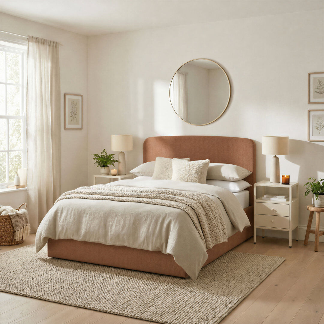 Ebern Designs Aemilia Upholstered Ottoman Bed Frame - Contemporay Elegant Headboard Design Orange Fabric Double