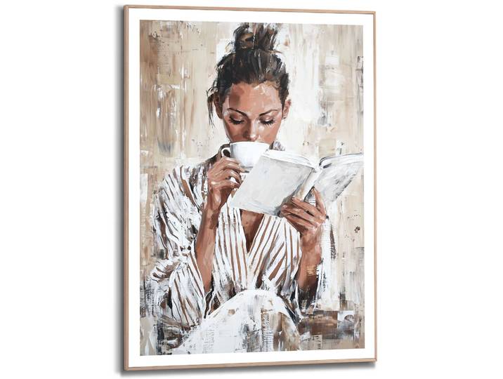 Poster REINDERS Morning Reading , braun (farbe bild(er): braun), B:50cm H:70cm T:2,2cm, Bilder, Poster, Wohnzimmer - Frau - Lesen - Kaffee - Braun - MDF - Menschen - 50x70 cm