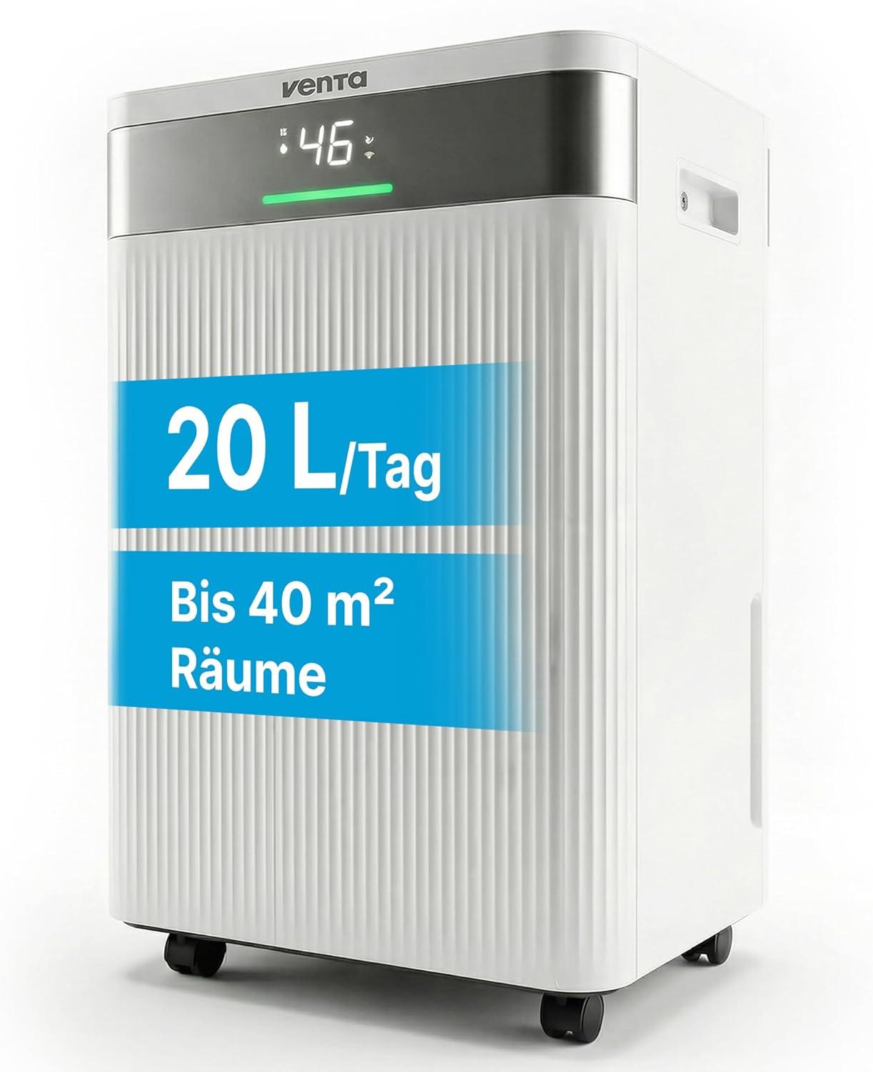 Luftentfeuchter mit Ionisator-Funktion, 20 Liter pro Tag, 4,5 Liter Tank, für Räume bis zu 40 m²/100 m³, automatische Feuchtigkeitskontrolle, Waschprogramm, R290