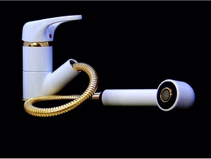 Einhebel Spültisch, Küchenarmatur, Wasserhahn mit Brause, weiss gold
