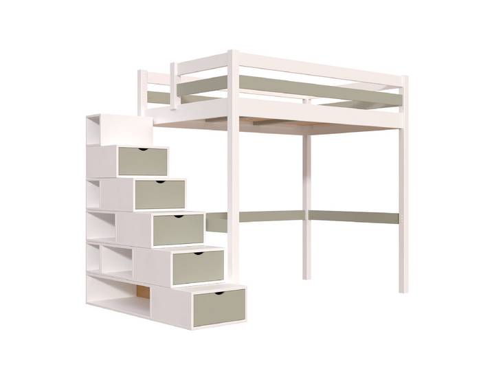 Lit mezzanine bois 120x200 Sylvia avec escalier cube 120x200 Blanc/Moka