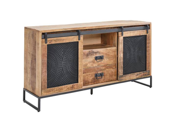 Landscape Sideboard, Naturfarben, Schwarz, Metall, Mangoholz,Mangoholz, Sperrholz, massiv, Sperrholz, Holz, 2 Fächer, 2 Schublade(n) Schubladen, 160x85x40 cm, Fsc, handgemacht, Holzmöbel, Kommoden Holz, Sideboards Holz