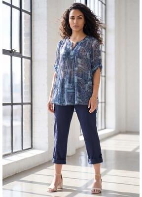 Plus Size Women's Plus Size Tara Pleated Shirt - Adjustable 3/4 Sleeve Swing Tunic with Notch Collar by Roaman's in Blue Floral Mosaic (Size 28 W) Top
