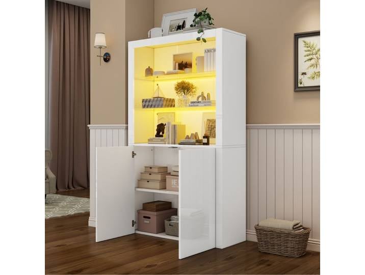 Vitrine - ZEVKOR - Vitrine haute - 2 portes - LED 16 couleurs - 3 étagères en verre trempé