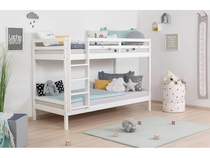 TiCAA Etagenbett, Kinderbett Stockbett für Kinder mit Treppe & Zwei Liegeflächen aus Kiefer Massivholz weiß Bettgestell 90 x 200
