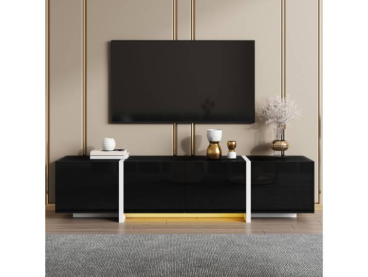 Meuble TV PINGGO noir brillant avec armoire basse - Pieds et portes tiroirs blancs contrastants - Éclairage LED inclus