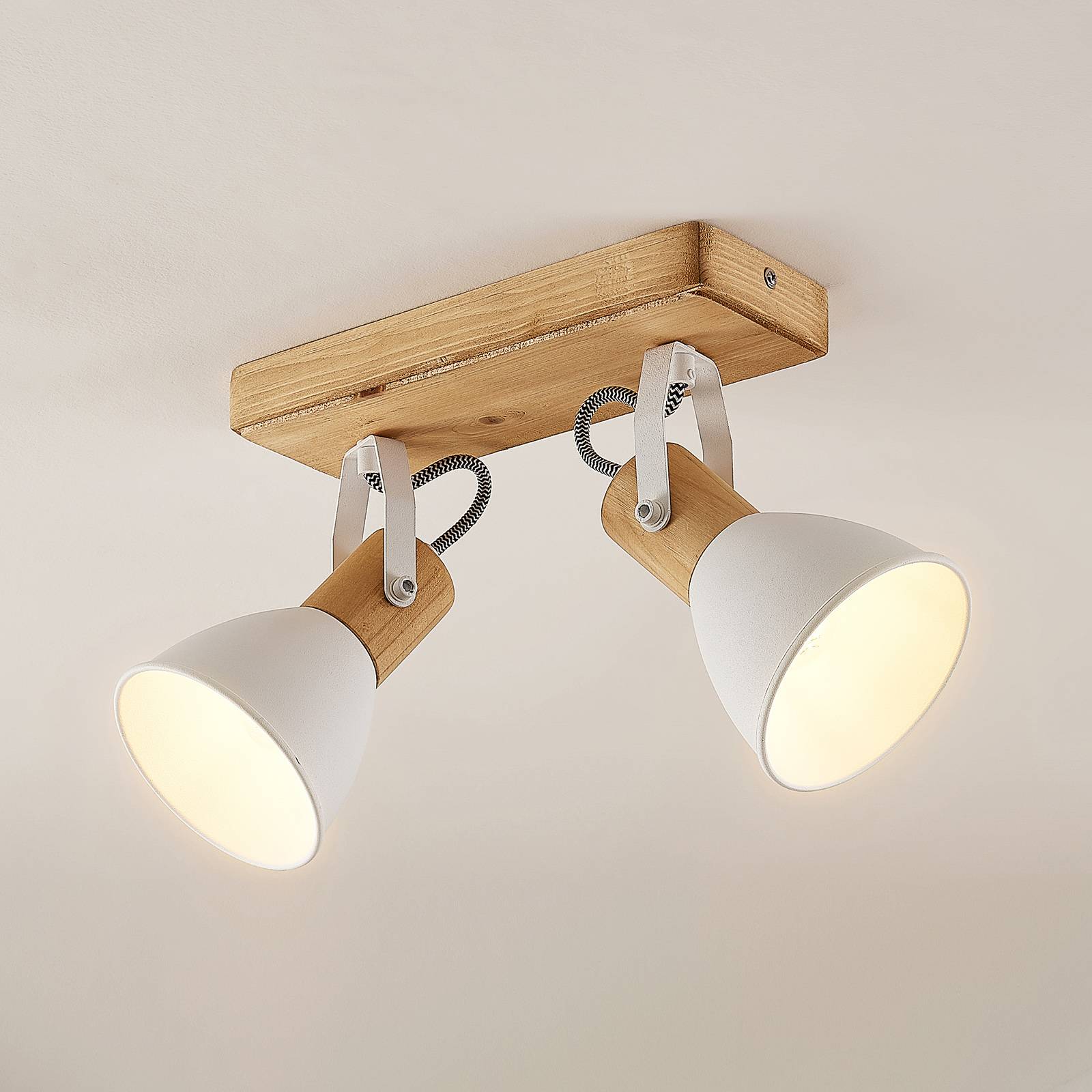 Lindby Merela downlight, white, 28 cm, 2-bulb, wood, E14 Lindby, dimmable, Light wood, Living / Dining Room, Wood, Scandinavian, Ceiling Light