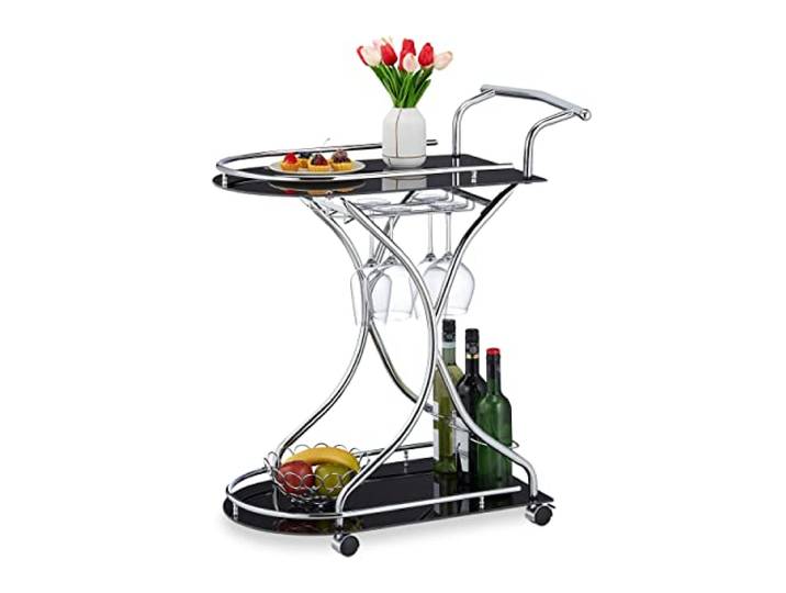 Relaxdays Servierwagen, 2 Etagen, Flaschen- & Gläserhalter, Glas & Chrom, HBT: 88x76x49 cm, Küchenwagen, schwarz/Silber