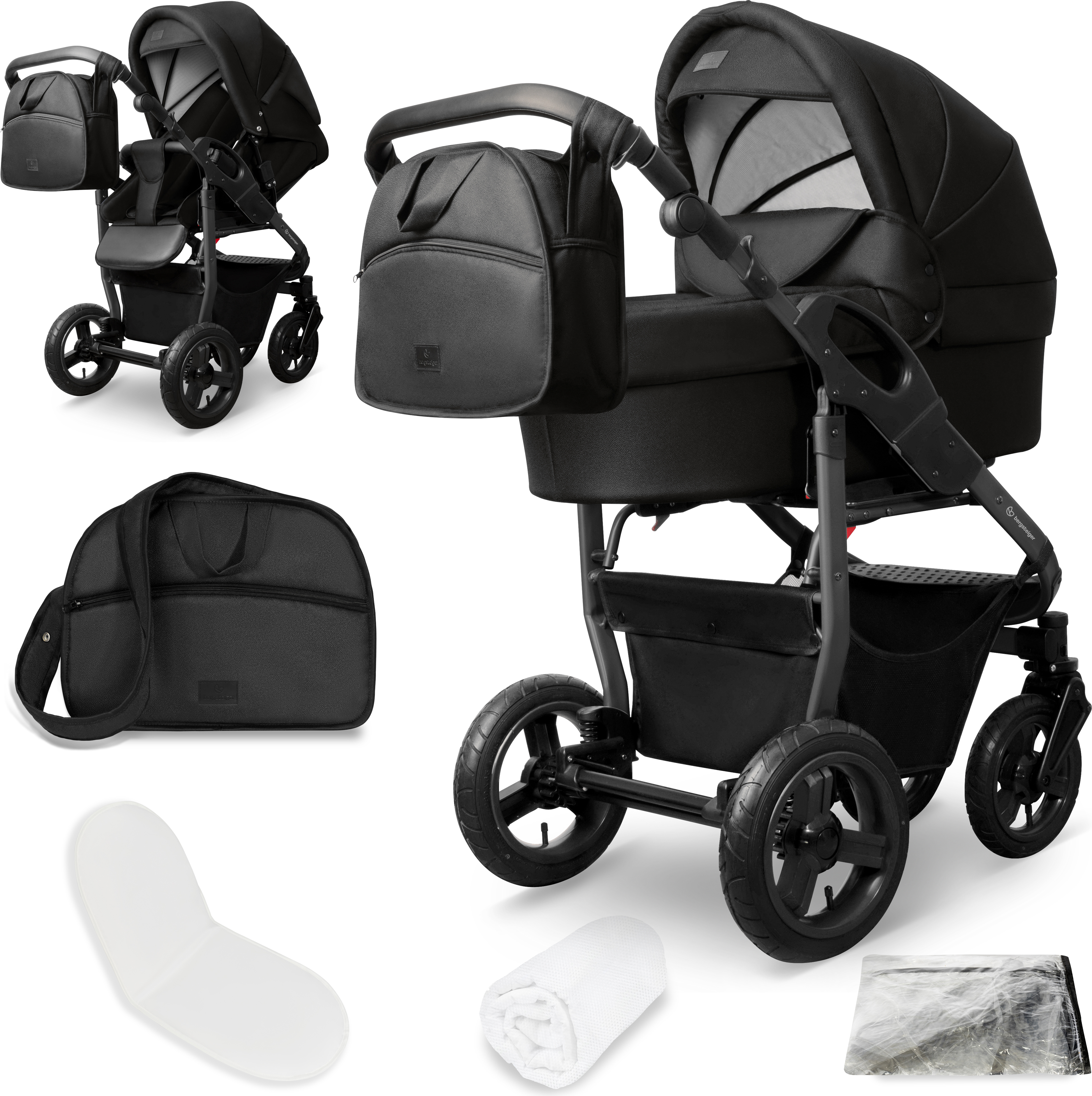 Bergsteiger Capri Kombikinderwagen 2-in-1 ohne Babyschale - Babywanne & Sportsitz, Luftreifen, Federung, höhenverstellbarer Griff, faltbar, Zubehör
