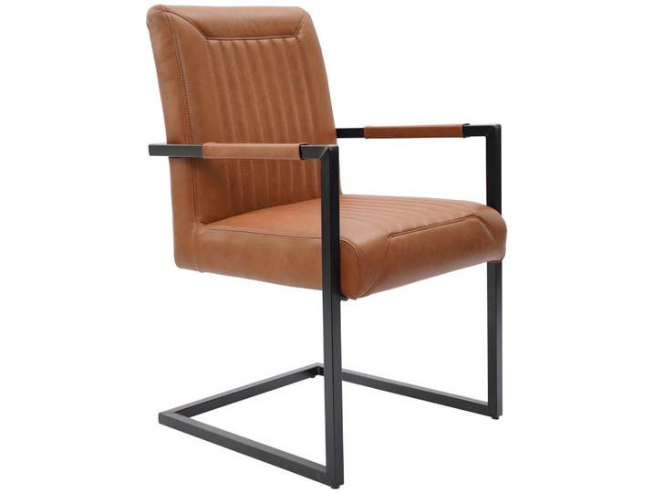 Ambia Home Armlehnstuhl, Cognac, Schwarz, Metall, Echtleder, Büffelleder, eckig, C-Form, 55x91x64 cm, inklusive Armlehnen, abwischbar, Esszimmer, Stühle, Esszimmerstühle, Armlehnenstühle