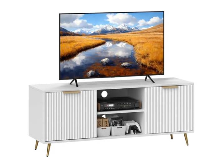 HOMCOM TV-Stand bis 55 Zoll, moderner Riffel-Aufbewahrungsschrank Weiß Unterhaltungszentrum, offene Regale, Media-Console-Tisch, Wohnzimmer, Schlafzimmer