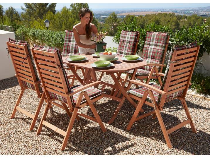 Garten-Essgruppe MERXX Borkum , braun, Obermaterial: 100% Polyester. Füllung: 100% Polyurethan, Sitzmöbel-Sets, Garten-Essgruppe, Eukalyptusholz, FSC Mix, geeignet für 6 Personen