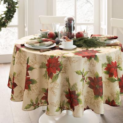 Threadmade Festive Poinsettia Holiday Fabric Tablecloth