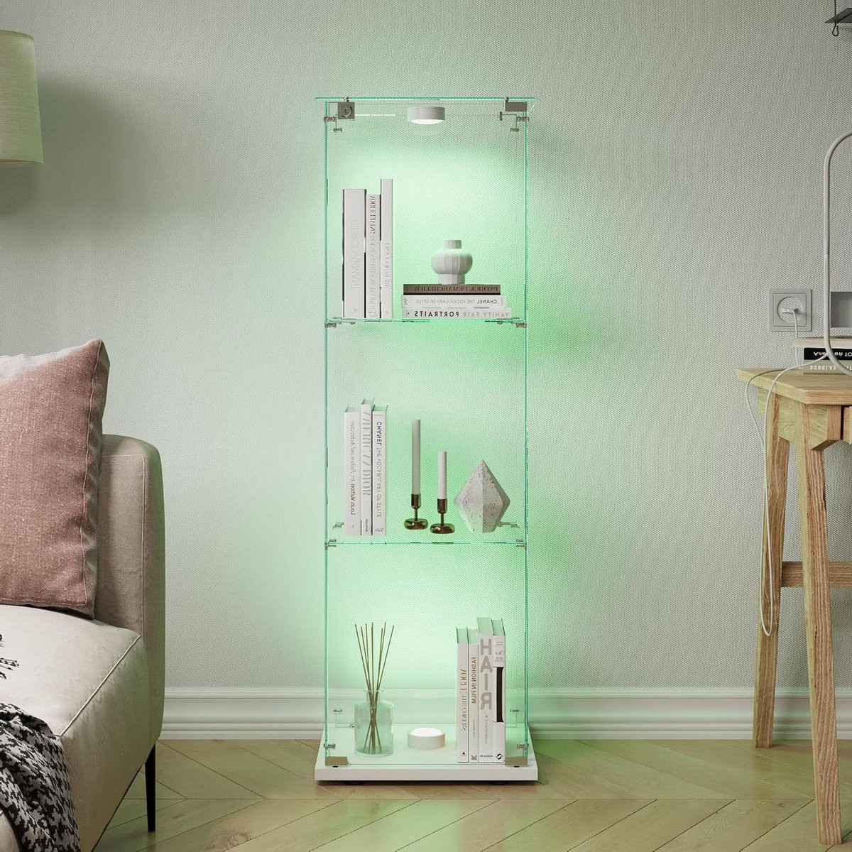 Witte Glazen Vitrinekast met LED-verlichting en glazen deuren, Hoogte: 123 cm