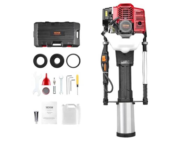 VEVOR Enfonce-pieux à Essence\, 52 cc\, Pilon de Poteau de Clôture en T à 2 Temps Portable\, 1400 W\, avec 3 Têtes d'Enfoncement 49/69/100 mm\, pour Clôtures de Fermes\, de Ranchs\, Améliorations Routières