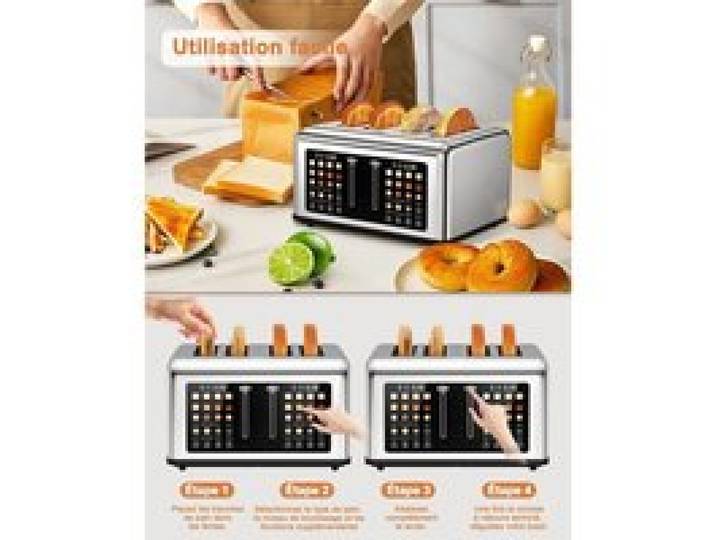 Grille Pain 4 Fentes Avec Tactile Contrôle Dual Indépendant Toaster Fonction Décongeler/Réchauffer/Annuler/Mémoire/Décompte Du Tem